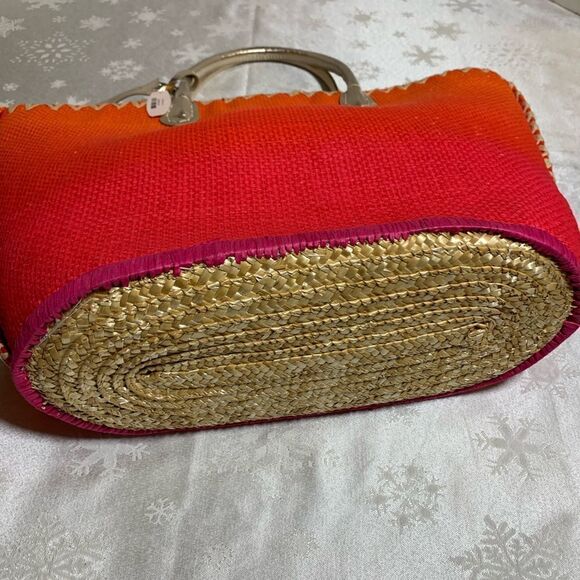 NWT Large Victorias Secret Straw Tote Shopper Orange w/ Gold Tone Handle Gorgeou - Picture 5 of 7